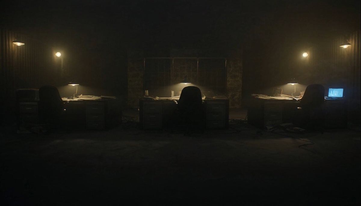 Three workstations in a darkened control room, each lit by a warm amber lamp at progressively increasing brightness — visual metaphor for the spectrum of human oversight.