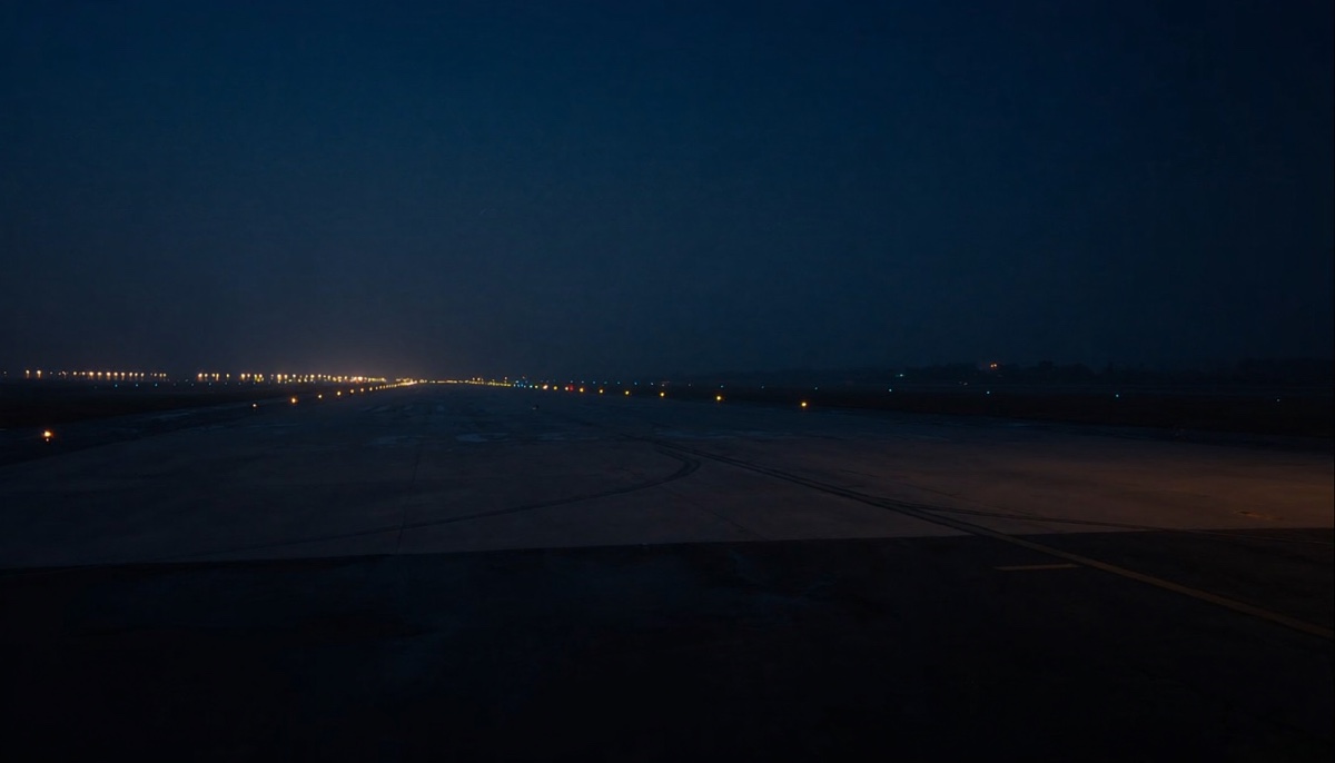 Long airport runway at dusk with edge lights stretching toward the horizon — visual metaphor for the ramp-time path.
